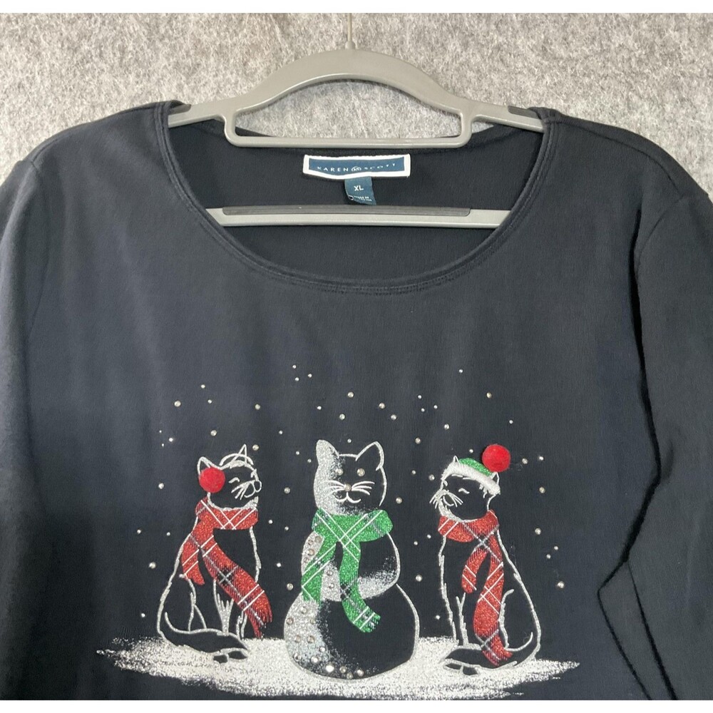 Karen Scott Shirt Womens XL Black Christmas Cat Snow Kitty Mom Long Sleeve Top